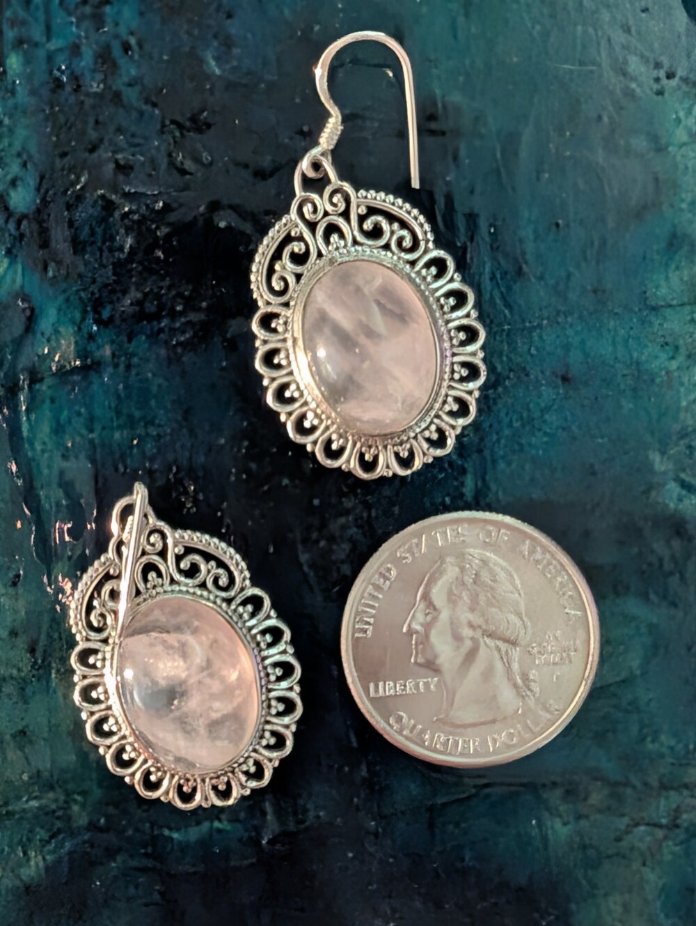 Antique Style Earrings 925 Sterling Silver Pink Rose Quartz Filigree Earrings - Picture 11 of 12